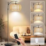 Orapoke Boho Floor Lamp with Linen & Rattan Lamp Shade, Arc Floor Lamps for Living Room with Remote,Stepless Dimmable Bulb Rattan Floor Lamp for Bedroom with 3 Color Temperatures for Office Home Decor