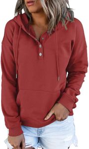 Dokotoo Womens Sweatshirt Ladies Fall Tops Drawstring Hoodies Sweatshirts for Women Long Sleeve Hooded Pullover with Pockets Button Collar Fleece Casual Basic Simple Winter Shirts Tops Red M