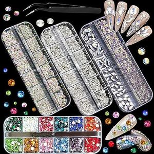 Careuoklab 4 Boxes Colorful Glass Crystals of Flatback Rhinestones, Multi Shapes Sizes 3D Nail Art Gems Stones for Nails Crafts and DIY Decoration