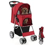 Maxmass Travel Pet Stroller, Foldable Small Medium Sized Dog Cat Trolley with Storage Basket, Safety Belt and Cup Holder, 4 Wheels Puppy Pushchair (Red)