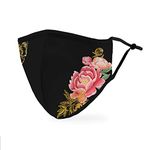 Weddingstar Washable Cloth Face Mask Reusable and Adjustable Protective Fabric Face Cover w/Dust Filter Pocket - Black Modern Floral