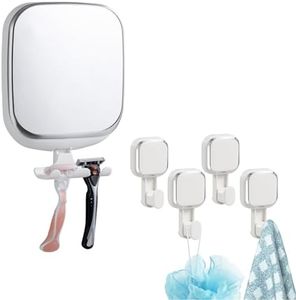 TAILI Shower Mirror Fogless for Shaving & 4 Pack Suction Cup Hooks, Anti Fog Shaving Mirror with Razor Holder NO-Drilling,Removable, Waterproof,Wall Mounted with Powerful Suction