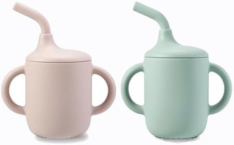PandaEar Paquete de 2 Vasos de Entrenamiento para Bebés y Niños Pequeños, 100% de Silicona Pequeña con Asas y Pajita -Rosa/Verde