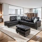 EMKK Faux Leather L-Shaped Sectional Sofa with Storage Ottoman, Nailhead Rivet Hemming Upholstered Modular Couch w/Reversible Cup Holder, for Living Room Apartment, 1-PU Black