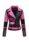 RISISSIDA Studded Leather Jacket Women Moto Motorcycle Faux Leather Coat Black-pink 0376 L