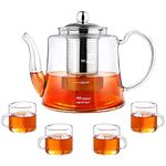 Glass Teapot Set,40 oz /1200 ml Large Glass Tea Pot with 4 Glass Teacups, Glass Teapot with Removable Infuser, Stovetop Safe Tea Kettle for Blooming Tea & Loose Leaf Tea (Square)