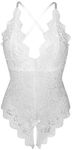 Donnalla Women's One Piece Teddy Plunging Lace Bodysuit Elegant Honeymoon Lingerie, White, XX-Large