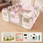 Dawnwake Free-Installation 14 Panel Playpen with Mat and Football Playard for Babies to 8 Years Baby Fence with Safety Locking Door(150 x 150 cm)-Pink