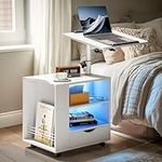 Pamapic Bedside Table with LED Lights, Nightstand with Height Adjustable, Side Table with Drawer & Open Shelf, Bedside Cabinet Movable with Magazine Rack, for Bedroom, Living room, Office, White
