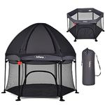 INFANS 53" Baby Playpen with Mesh & UV Canopy, Portable Foldable Playhouse with Carrying Case, Dome, Sun-shades, Padded Floor | Pop Up Playard | Beach Tent for Indoor Outdoor Toddler, Kids (Dark Grey)