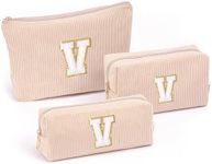 Vavabox A-Z Personalized Makeup Bag, Birthday Gifts for Women Mom, Gifts for Best Friend, Bride Bridesmaid Cosmetic bag (V, 05-khaki Set)
