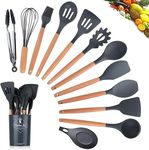 Kitchen Utensils Set: 13 Pieces Silicone Cooking Utensils with Wood Handle - Heat Resistant Kitchen Spatula Spoons Set for Non-Stick Cookware (Gray)