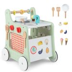 GYMAX 6-in-1 Wooden Baby Walker, Toddler Push Along Walker with Teaching Clock, Shape Matching and 4 Wheels Learning Educational Toy Pretend Play Kitchen for Babies Aged 1+ (Green)