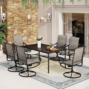 MFSTUDIO 7-Piece Patio Dining Set,Outdoor Furniture Set with 6 Metal Dining Swivel Padded Chairs and Steel Frame Slat 64" Rectangular Table for Poolside, Porch, Backyard,1.7" Umbrella Hole