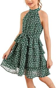 Imily Bela Girls Floral Ruffle Dress Halter Neck Kids Chiffon Summer Party Dress with Belt Green