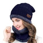 Missby Woolen Winter Cap for Women with Neck Muffler Warn Soft for Snow | Knit Beanie Cap Hat Neck Warmer Scarf Set for Women (2 Piece Set) (Navy Blue)