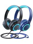 iClever [2 Pack Kids Headphones for Girls Boys 94dB Safe Volume Limited - Wired Headphones Kids with Sharing Splitter, Tangle-Free Foldable Stereo Headphones for School/Tablet/Travel, Blue&Black