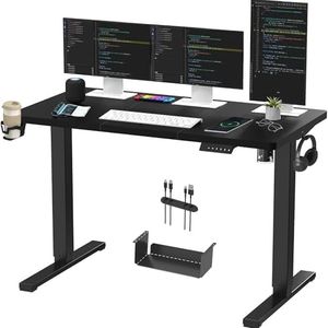 SANODESK QS1+140 * 60 Electric Standing Desk Height Adjustable Standing Desk With Memory Smart Panel Sit Stand Table With Hooks and Cupholder for Home Office (Black Frame+ Black Desktop)