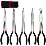 Long Reach Needle Nose Pliers, 5 Pcs 11-Inch Long Needle Nose Pliers Hose Grippers Set with Pouch, Includes Straight Angle, 25, 45, 90 Degree, O-Typed Long Reach Pliers for Narrow Spaces