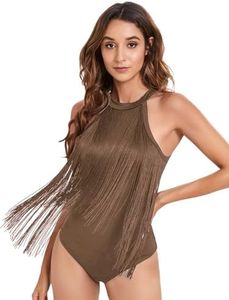 Verdusa Women's Western Boho Fringe Trim Sleeveless Bodycon Halter Bodysuit Top Cowboy Chic Outfits Brown Medium