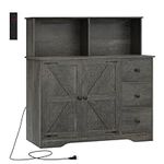 WEENFON Buffet Cabinet with Power Outlets and Glass Holder, Farmhouse Sideboard Buffet Cabinet with Drawers and Doors, Bar Cabinet, Kitchen Buffet Cabinet，Solid Wood Frame in Dark Grey