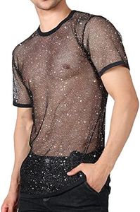 E-LIINJOYE Fishnet Shirt Men,See Through Black Fishnet Shirt Plus Size,Mens Sexy Lingerie to Show Perfect Muscle(Black 2XL)
