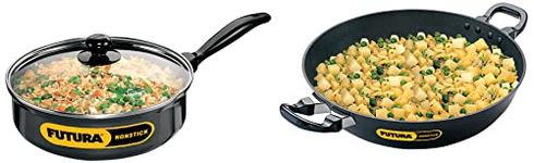 Hawkins Futura Non-Stick Kadhai Deep-Fry Pan, 4 Litre, Black & Futura Non-Stick Saute' Curry Pan with Glass Lid, 3.25 litres Combo