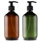 Alledomain 2PCS 500ml/17oz Empty Refillable Plastic Lotion Pump Bottles, Shampoo Body Washing Cream Shower Gel Storage Holder Container Toiletries Liquid Dispenser (Brown & Green)