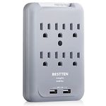 BESTTEN 6-Outlet USB Wall Mount Surge Protector (900 Joules), Multi Plug Outlet Extender with 2.4A Dual USB Charging Ports, cETL Listed, Grey