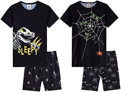 MyFav Boy Pajamas Glow in the Dark Pjs Comfy Top and Shorts Boys Sleepwear 4 Piece Pajama Summer Halloween, Spider, 8Y