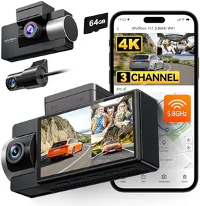 WOLFBOX i17 4K 3 Channel Dash Cam Built-in 5.8GHz WiFi GPS with 64GB Card, 4K+1080P+1080P Dash Cam Front and Rear Inside, Triple Car Camera with 3 Inch Screen, IR Night Vision, WDR, 24H Parking Mode