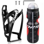 Bike Water Bottle Cage and Bottle Set, Lightweight Bike Water Bottle Holder with 650ML Sports Bottle with Scale and Dust Cap BPA-Free Water Bottle Holder Set for Outdoor Cycling (Red)