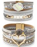 Suyi Multilayer Leather Bracelet Set 2 Pieces Beads Wrap Bracelet Wrist Cuff Bangles with Magnetic Buckle for Women Heart Silver 11