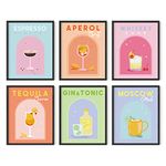 HAUS AND HUES Danish Pastel Posters Alcohol Poster - Set of 6 Aesthetic Cocktail Poster, Preppy Pictures for Wall, Funky Dorm Posters for College Girls, Colorful Bar Wall Art (11x14 Unframed)