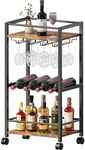 Bar Cart, Home Bar Serving Cart, Mobile Kitchen Carts with Wheels, Small Rolling Cart with Wine Rack and Glass Holders, Rolling Beverage Cart for Kitchen, Dining Room, Living Room, Rustic Brown