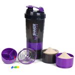 VECH Protein Shaker Bottle - Sports Water Bottle - Non Slip 3 Layer Twist Off GYM Cups with Pill Tray - Leak Proof Shake Bottle Mixer- Protein Powder 16 oz Shake Cup with Storage (Purple)