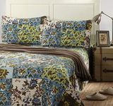 Tache Home Fashion Hawaiian Cotton Floral Patchwork Bedspread Quilt - Lost Forest - Lightweight Summer Reversible Blue, Green, Brown Leaves Coverlet Set - King