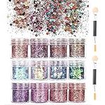 12 Colors Face Glitter, Holographic Festival Glitter Hair Glitter with 2 Pieces Double Head Brushes Chunky Body Glitter for Party