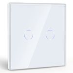 BSEED Touch Light Switch 2 Gang 1 Way, Tempered Glass Panel Light Switches with LED Indicator,White Touch Sensitive Light Switch-No Neutral Wire 500W