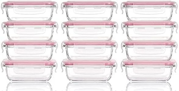 M MCIRCO [12-Pack, 6.3oz] Small Glass Food Storage Containers, Small Glass Containers with Lids, Small Glass Jars for Snacks, Dips, Sauces, Freezer, Microwave, Dishwasher Friendly, Pink