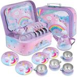 Jewelkeeper 15 Piece Kids Pretend Toy Tin Tea Set & Carrying Case - Cotton Candy Unicorn Design - Girls Gifts