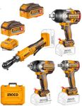 INGCO Compact Brushless Cordless 4 pcs Combo Kit, With 3 PCS 400NM/850NM/1350NM Cordless impact wrench, With 1pcs Cordless drive ratchet