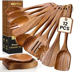 Wooden Spoons for Cooking, 12 Pcs Nonstick Wooden Cooking Utensils Set with Comfort Grip – 100% Natural Teak Wood - Sturdy, Lightweight & Heat Resistant Kitchen Utensils