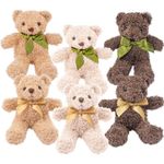 6 Pieces Small Teddy Bears with Detachable Bows and 6 Pieces Bows 10 Inch Plush Stuffed Teddy Bear Toys for Baby Shower, Birthday Gift, Animal Party Supplies, Khaki, Beige, Coffee