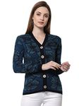 Kalt Women Sweater for Winters Woolen Acrylic Full Sleeve V-Neck with Buttons and Floral Self Design Cardigan Sweater for Women Winter Woollen Stylish(Navy::Teal;6XL)