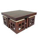 AASALIYA Art Solid Sheesham Wood Square Centre Coffee Table with 4 Stool |Center Table with 4 Stools for Living Room |Patio Table with 4 Puffy for Home | Rosewood, Walnut Finish