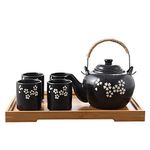 fanquare Japanese Kungfu Tea Set with Infuser, White Cherry Blossoms Tea Service for 4, Handmade Porcelain Teapot Cup Set with Bamboo Tea Tray