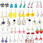 24 Pairs Weird Cute Earrings Drop Dangle Earrings for Women Planet Astronaut Moon and Stars Face Dinosaur Bear Lollipop Fish Strawberry Mushroom Flowers Egg and Many More, Alloy, Resin, resin