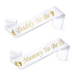 2Pcs Mummy To Be Sash Daddy To Be Sash Gold and White Mummy And Daddy To Be Sash Silky Baby Shower Sash Party Decoration for Mum Dad Family(79 x 9.5cm)