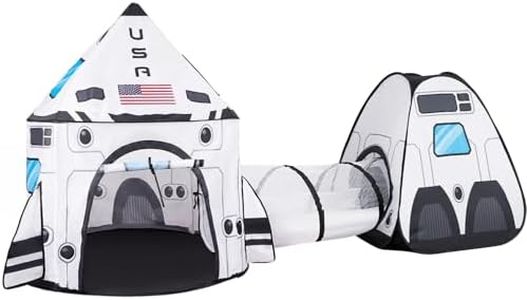 JOYIN White Rocket Ship Pop up Play Tent with Tunnel and Playhouse Kids Indoor Outdoor Spaceship Tent Set